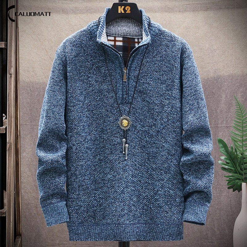 New Mens Knitted Pullovers Autumn Winter Men Fashion Fleece Thicker Warm Sweaters Male Causal Solid Half Zipper Loose Sweater